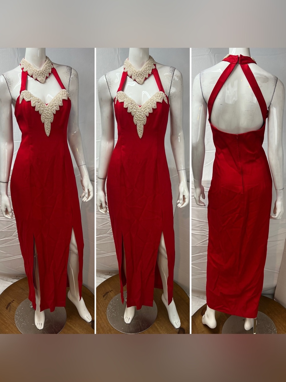 Vintage Women's 12 Red Halter Faux Pearl Embellished Long Slits 80s Gown Dress - Picture 2 of 9